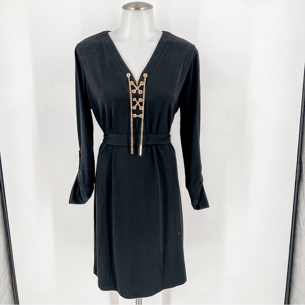 Michael Kors black long sleeve dress with gold chains